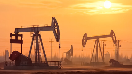 Oil pumps mined oil and natural gas at sunset background. The industrial equipment.