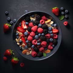 Food photography breakfast background square - muesli bowl with berry fruits raspberry, blueberry, blackberry and cereal on dark black table, top view (Generative Ai)