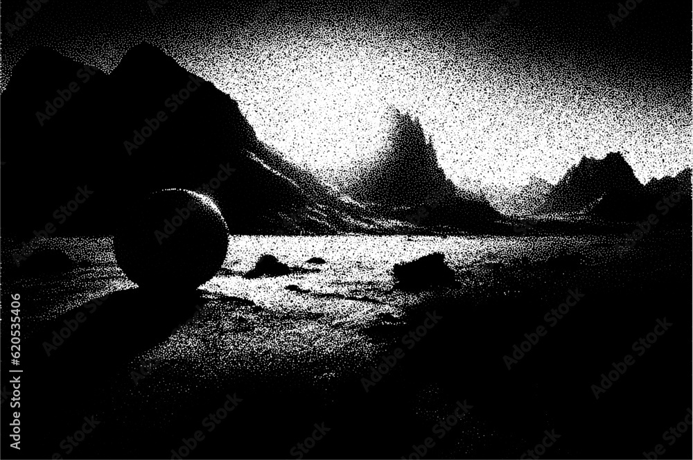 Poster Alien planet landscape in retro dotwork style. Planets and satellites over unknown planet in space. Sci-fi world landscape beyond our galaxy.