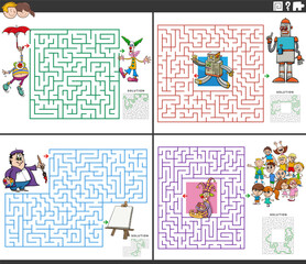 maze games activity set with cartoon characters