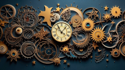 A clock surrounded by gears and stars on a blue wall. Generative AI. - obrazy, fototapety, plakaty
