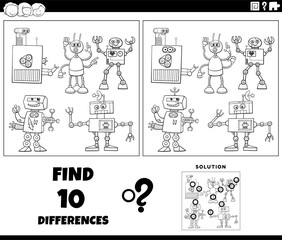 Obraz premium differences activity with cartoon robots coloring page
