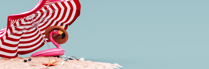 Pink flamingo inflatable belt under the beach umbrella on blue background with copy space. 3D Rendering, 3D Illustration © hd3dsh