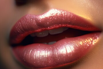 Close up of a girls lips with lipstick and glitter. Generative AI