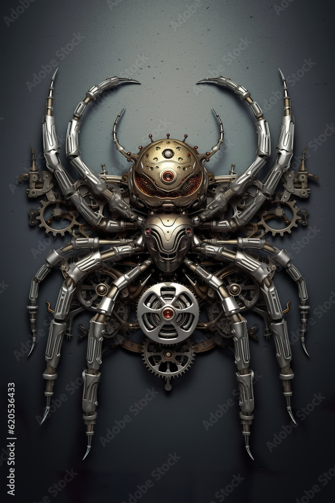 Poster a large metal spider with a clock on it's back. generative ai.