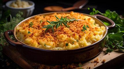 A bowl of comforting macaroni and cheese, baked to golden perfection with a crispy breadcrumb topping.