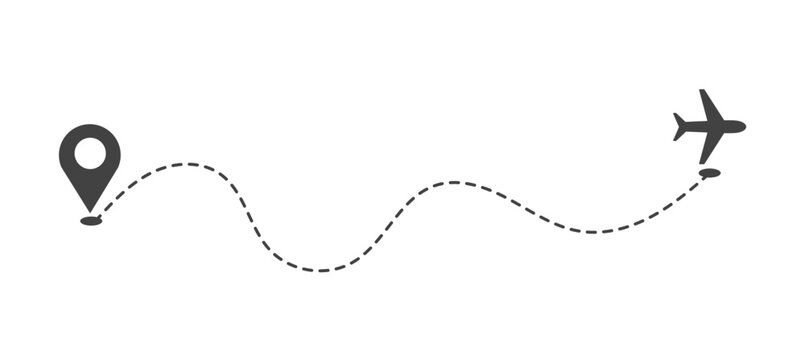 Airplane and location in a dotted line. The waypoint for a new location. and his track on a white background. Vector illustration. 