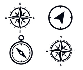 Four images of wind rose, compass and direction of travel