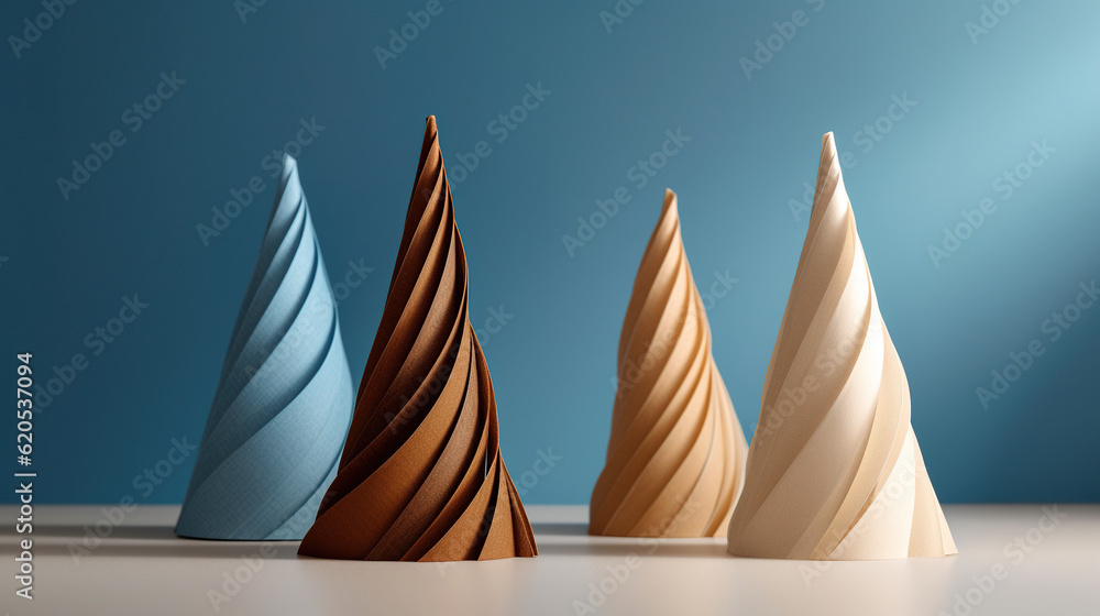 Poster a group of three cones sitting on top of a table. generative ai. simple christmas trees.