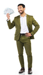 Finance, money and winner with business man on png for investment, bonus or competition prize....
