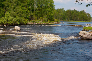 Mountain, northern rivers with rocks and a waterfall. Republic of Karelia