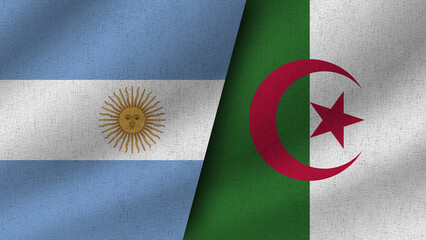 Algeria and Argentina Realistic Two Flags Together, 3D Illustration