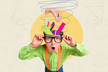 Advert collage of surprised funny schoolboy nerd shock reaction brains absurd supplies knowledge...