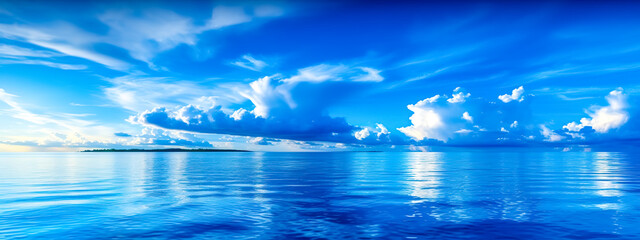 blue water surface of the ocean, clouds in the sky, banner made with Generative AI