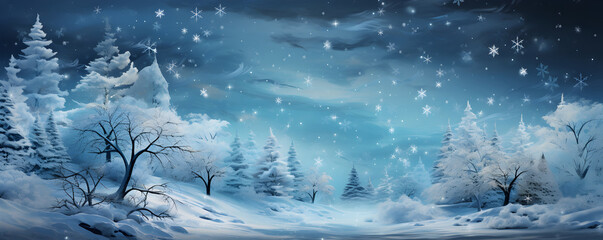 Winter background. Frozen river bank during the night snowfall. Snowy forest.