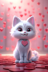 White cat with pink heart-shaped pendant. Romantic Valentine's Day card. Vertical image, blurred background.