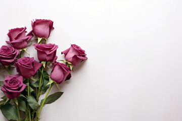 A bunch of purple roses sitting on top of a table. Generative AI.