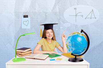 Collage of funny cute little schoolgirl sitting desk learning studying wear tassel direct finger...