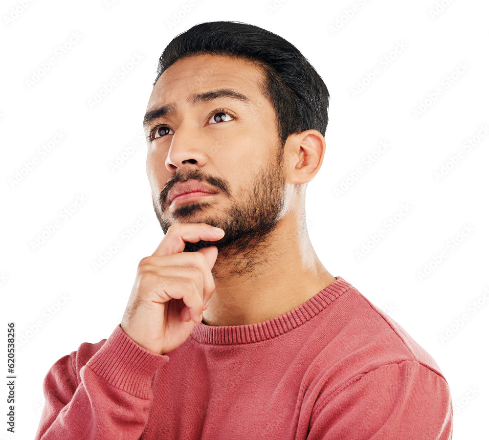 Poster thinking, choice and confused asian man with questions on isolated, transparent and png background. 