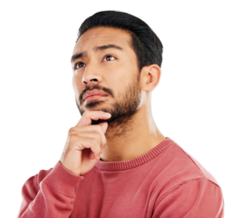 Thinking, choice and confused asian man with questions on isolated, transparent and png background. Why, decision and male face with doubt, solution or brainstorming, problem solving or how to emoji