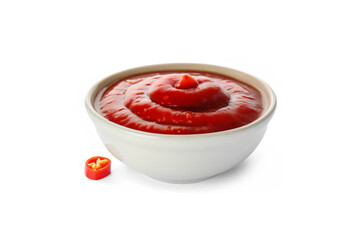 Tasty chili sauce in bowl and ingredients on white background MADE OF AI