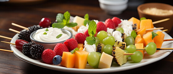 A platter of colorful fruit skewers, featuring a variety of fresh fruits and a drizzle of yogurt...