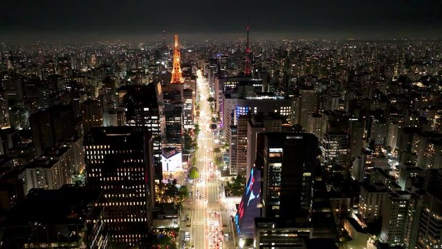 Paulista Avenue At Downtown City Sao Paulo Brazil. Cityscapes Modern Background. Infrastructure Skyline City Landscape Vibrant. Infrastructure Cityscape City Landscape Corporate Night.