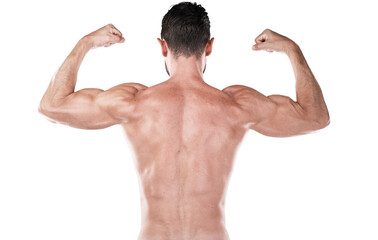 Back, fitness and man flexing muscle during exercise, training or gym workout isolated on a transparent png background. Showing biceps, strong bodybuilder and athlete with healthy sports for power.
