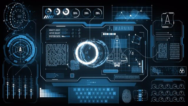 Spaceship HUD Display Data. Infographic high tech screen with animated futuristic hud elements (sliders, bars, loads, data, indicators, graphs, texts codes and more).
