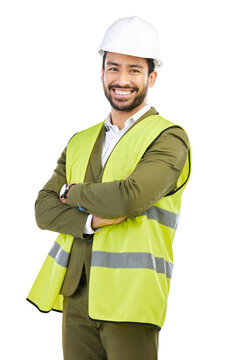 Engineering, Smile And Portrait Of Male Construction Worker With Hard Hat, Suit And Vest For Project. Industrial, Professional And Contractor With Confidence Isolated By A Transparent Png Background.