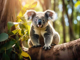 Fototapeta premium Koala in the summer eucalyptus forest on a sunny day