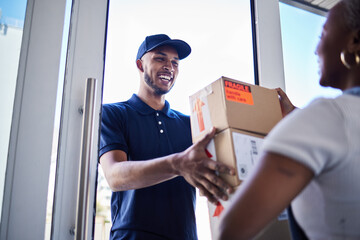 Ecommerce, happy delivery man with box and woman at her front door. Online shopping or logistics,...