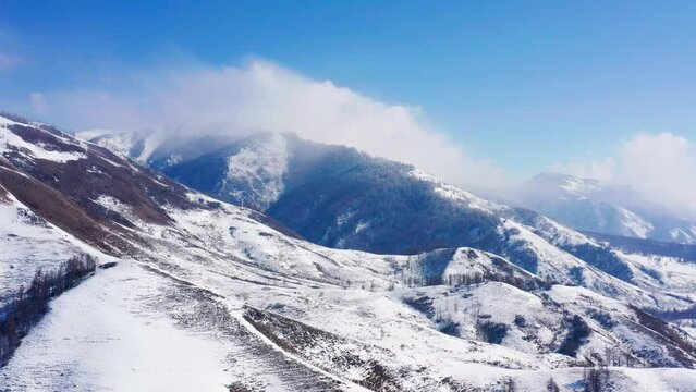 Altai mountains in winter: Terektinsky ridge. Aerial view.