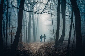 a couple walks through a serene, misty forest path focuses on the silhouettes of the couple and the trees, creating a sense of mystery and wonder. Generated Ai