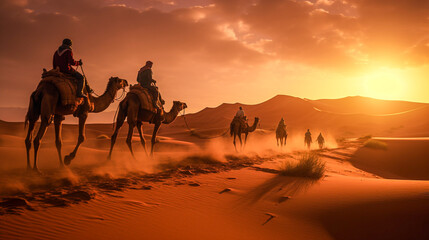 Captivating Sahara Desert, camel, caravan, breathtaking landscape, Generative AI illustration