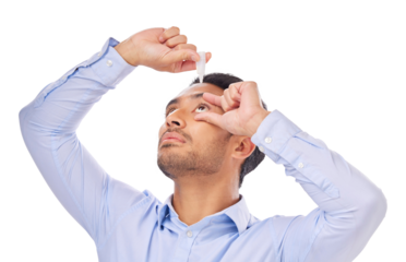 Health, man and eye care drops or medical product for clear vision or eyesight. Asian person with allergy, dripping solution or liquid for glaucoma problem isolated on a transparent, png background