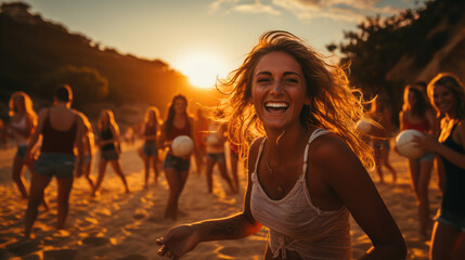 Fototapeta premium Sunset Farewell. Group of friends saying goodbye to the beach at sunset. Friendship and memories concept. 