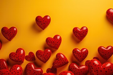 red heart patterns on a yellow backdrop ideal for love- Generative AI
