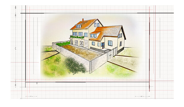 Blueprint drawing plan sketch of a lovely double family house or a semi-detached