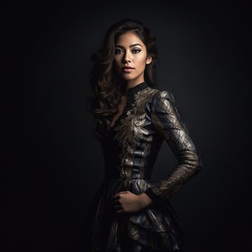 Fashion shot,  Portrait of a beautiful young woman in black dress on black background. Studio shot. Portrait of a beautiful sensual young  woman  in evening dress. Beauty, fashion. Contrast lighting