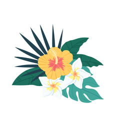 Bouquet with leaves and flowers of tropical plants. For postcards, invitation design