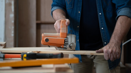 Male carpenter working with skill in carpentry workshop. Professional joiner works with power tools in woodworking. Close up mature woodworker making or repairing furniture. Craftsmanship industry