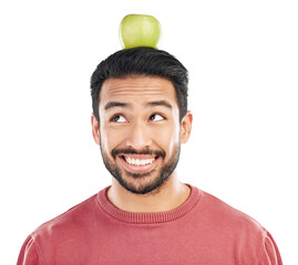 Face, thinking and apple on head of asian man in diet, nutrition benefits and balance isolated on transparent png background. Happy male person with healthy fruits for vegan detox, wellness and snack