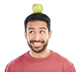 Face, thinking and apple on head of asian man in diet, nutrition benefits and balance isolated on transparent png background. Happy male person with healthy fruits for vegan detox, wellness and snack