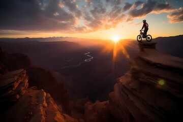 Fototapeta na wymiar Silhouette of motorbike rider doing stunt on rocky mountain as jump cross slope of mountain with sunset background backlit. Epic shot of outdoor extreme sport scenes. Motocross sport. Generative AI
