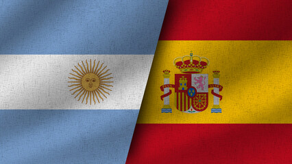 Spain and Argentina Realistic Two Flags Together, 3D Illustration