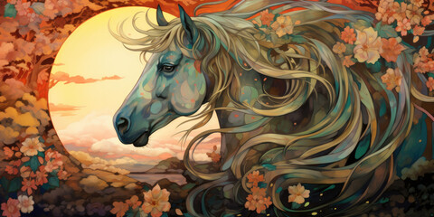 horse drawing digital illustration of a horse ethereal and dreamlike elements, such as flowing mane and tail that merge with nature Generative AI Digital Illustration Part#060723