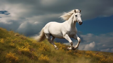 Fototapeta na wymiar white horse running in the field in the mountain background