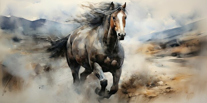 horse drawing watercolor painting of a horse atmospheric style, portraying the horse in motion amidst a stormy landscape Generative AI Digital Illustration Part#060723