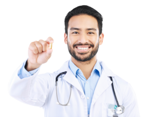 Tablet pills, portrait doctor or happy man with medicine, hospital product or medical healthcare for recovery. Supplements, pharmaceutical or male surgeon face isolated on transparent, png background